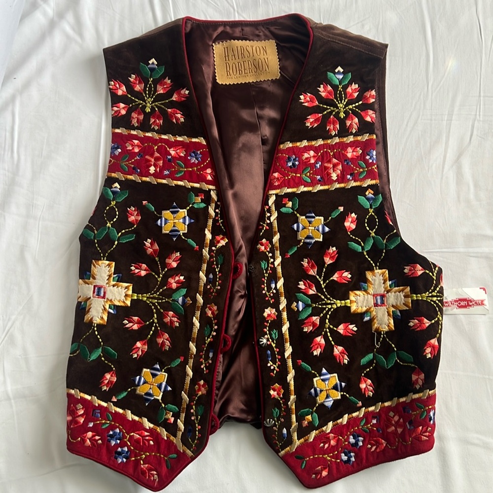 Hairston Roberson Medium Brown Suede Embroidered Vest Vintage